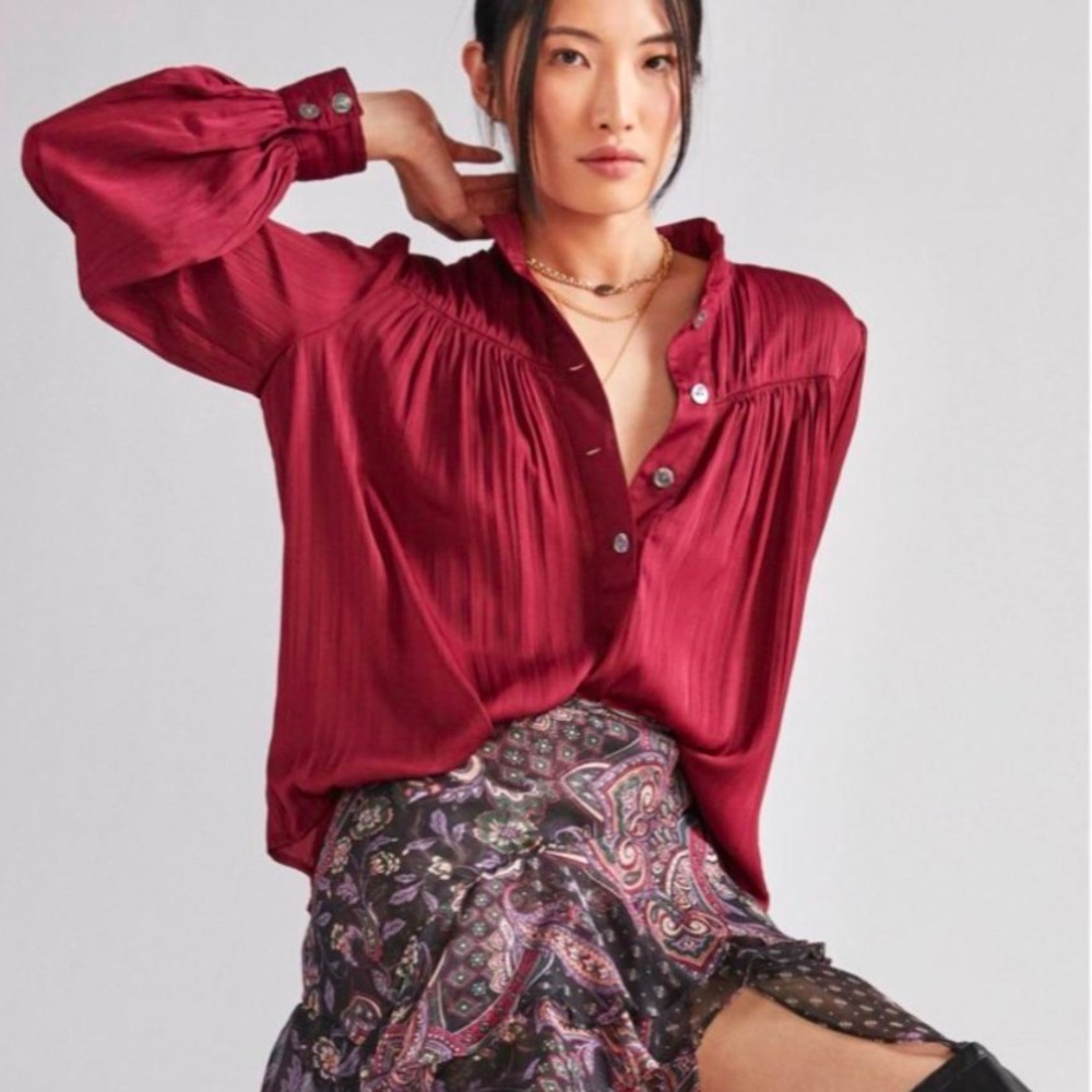 Anthro Burgundy Red Satin‎ Long Sleeve Henley Shirt Size Small Love Party